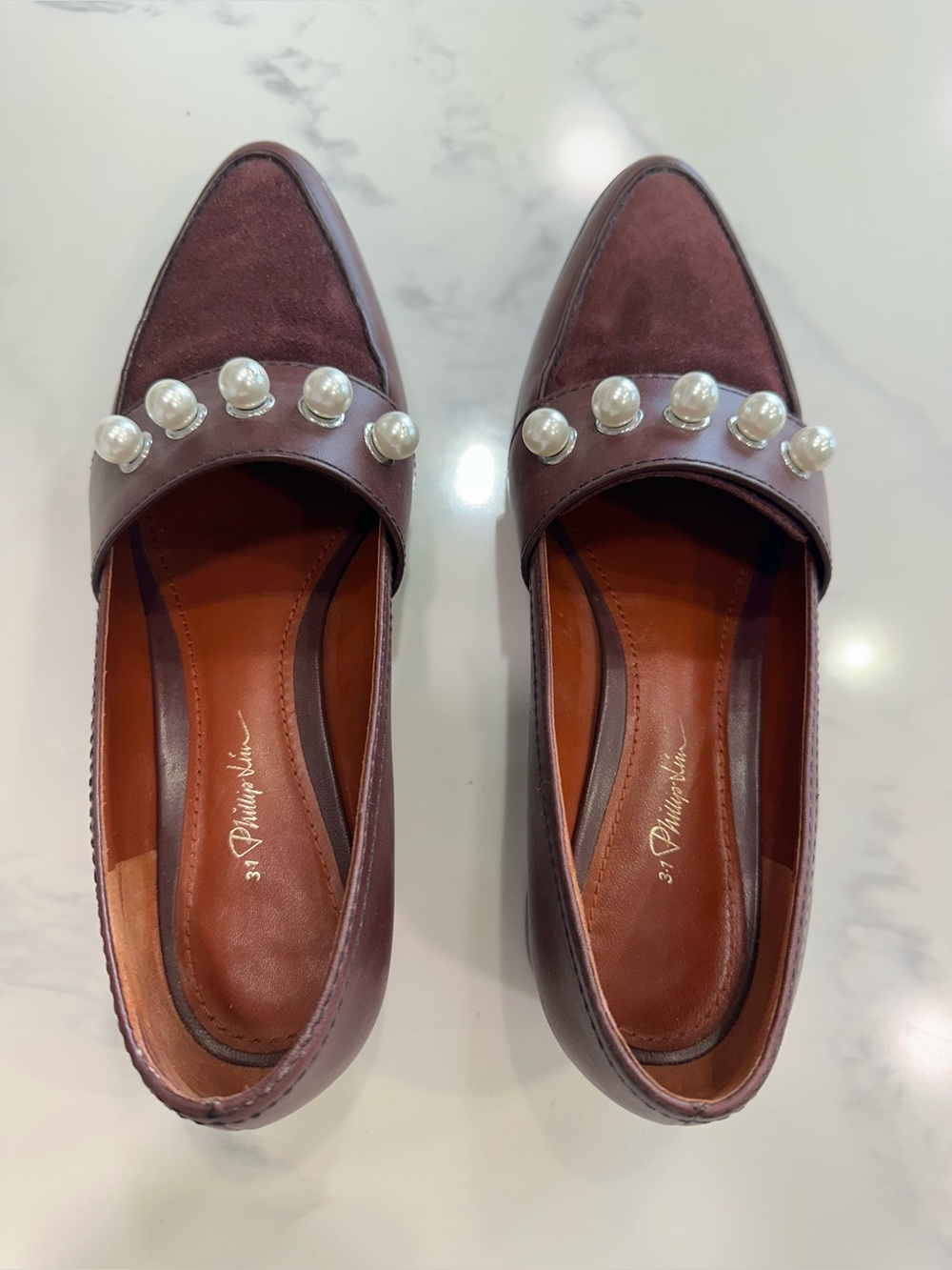3.1 PHILLIP LIM WINN LOAFERS MALBEC MAROON LEATHER & PEARL ACCENTS W/SUEDE TOP 9 - Picture 10 of 16